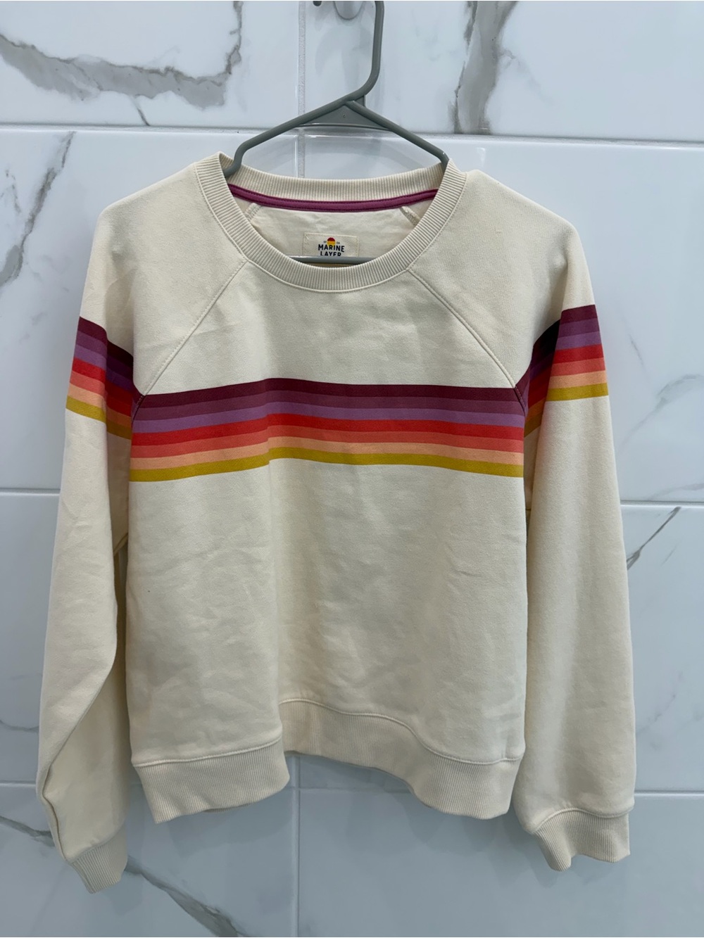 Marine Layer Cream Crewneck Sweatshirt with Rainbow Stripe